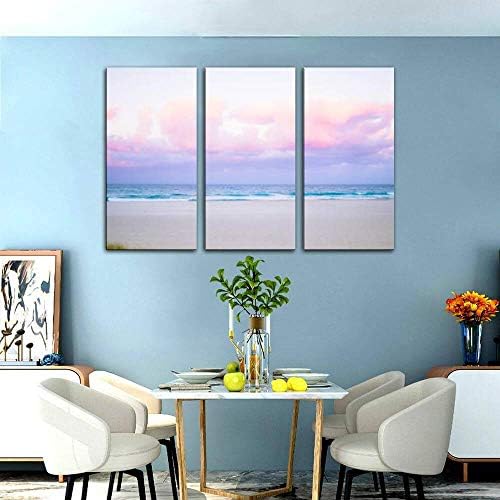 Комплект от 3 теми, Платно, Стенно Изкуство, Красиви пастелни цвят, скай-розово, лилаво, синьо, с пухкави облаци на плажа,