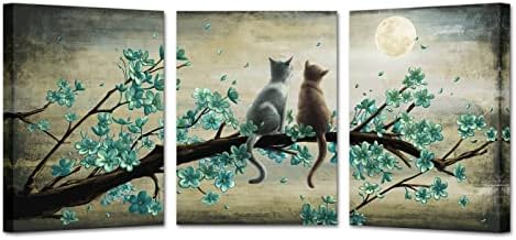 Ретро Платно Стенно изкуство за домашни Любимци на Почивка 2 Котки Гледат на Луната 12x16 инча Стенни Пана Giclée Декор