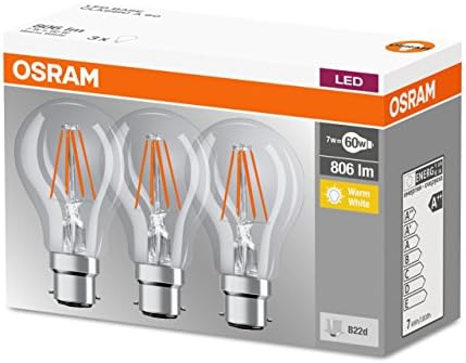 Led лампа Osram Bulb Shape Base Classic A, Стъкло, Топло бяла, B22D, 7 W, Комплект от 3