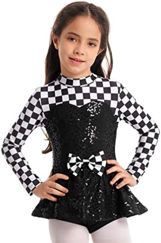 ranrann/ Детско Балетное Рокля за Танци с дълъг Ръкав с пайети в шахматна дъска модел за момичета, Чорапогащи, Боди,